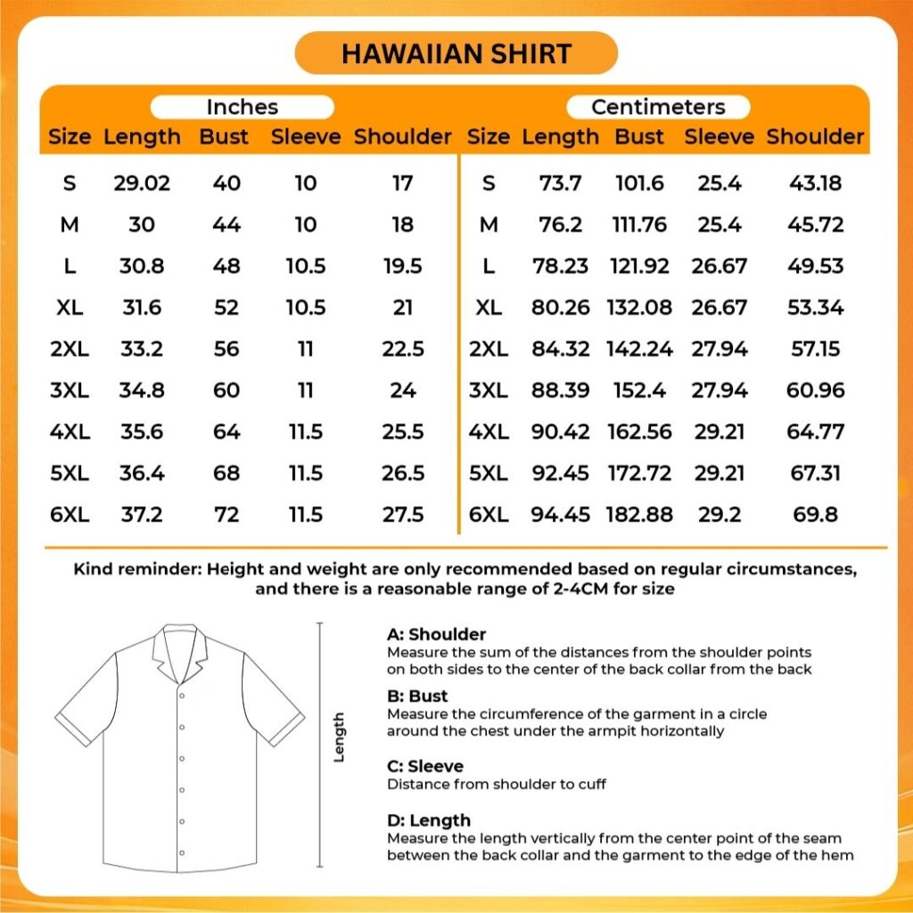 3D Hawaiian Shirt Size Chart - Dark Souls UK Shop